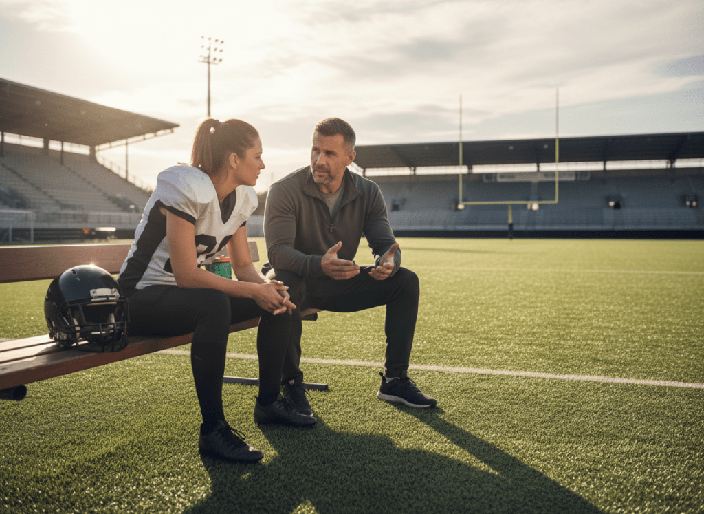 escena motivadora de coaching deportivo: entrenador y deportista hablando en un banquillo o al borde del campo, ambiente profesional, luz natural, tono inspirador, estilo fotográfico realista