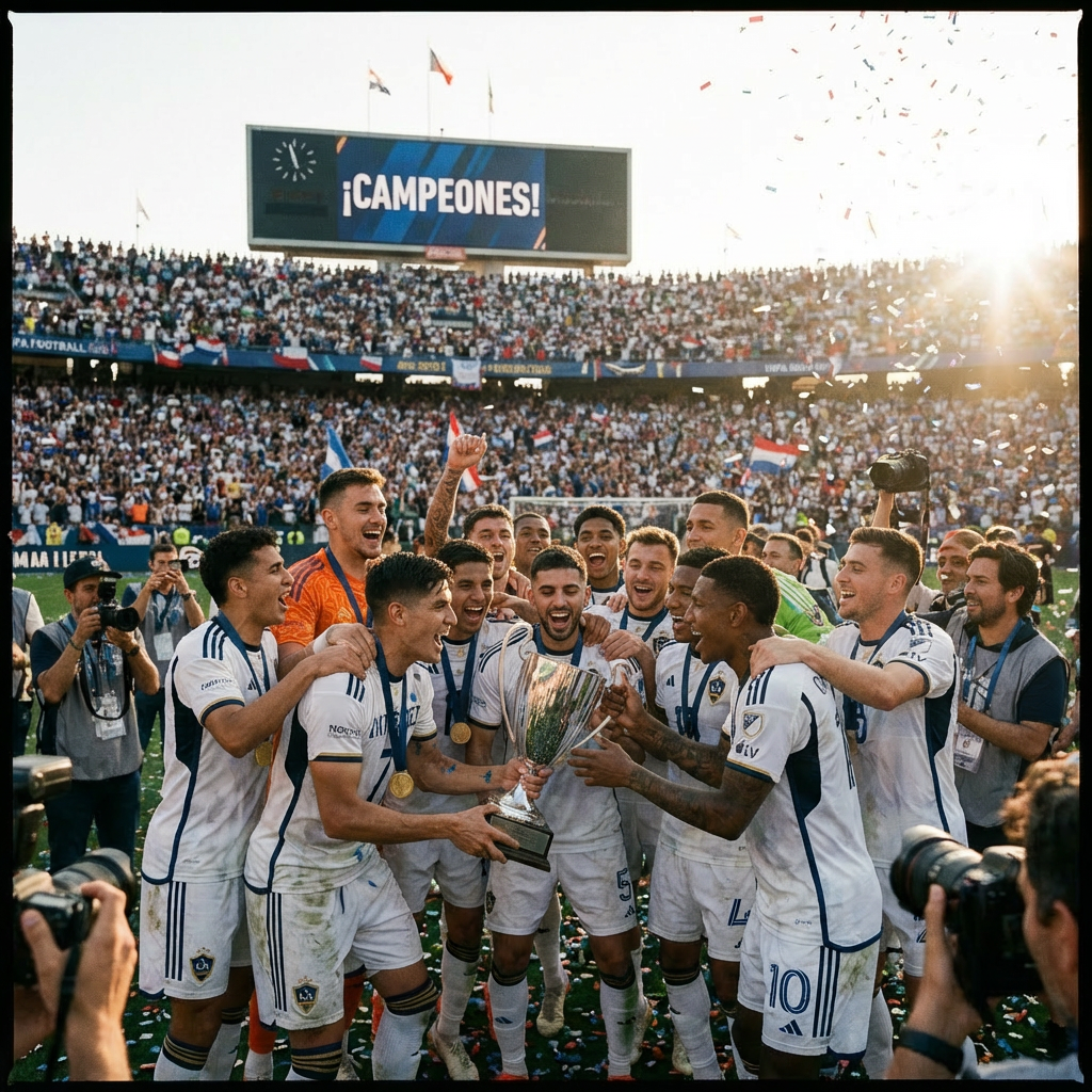 Soccer players celebrate with a trophy in a stadium under a ¡CAMPEONES! scoreboard.
